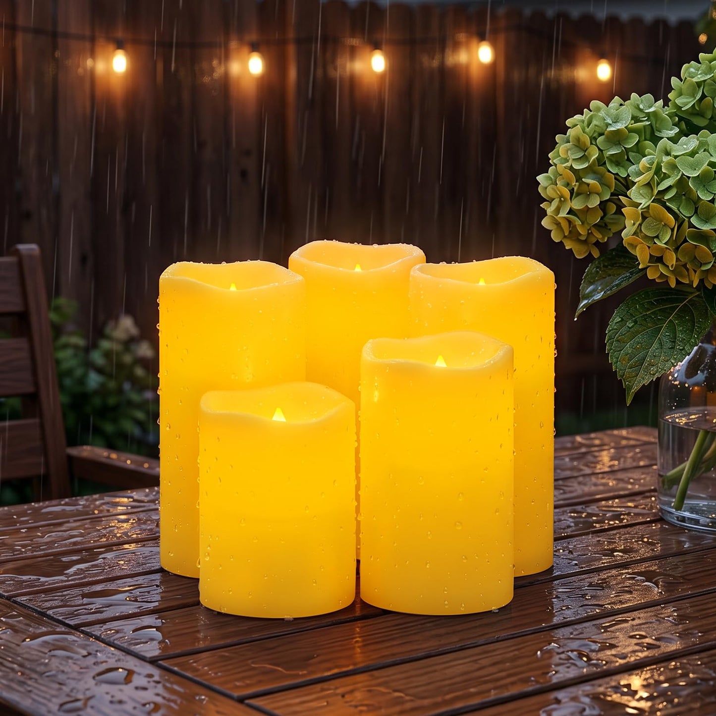Raycare Outdoor Waterproof Flameless Candles-Auto Light Sensor Dusk to Dawn, Flickering LED Candle, Battery Operated Electric Fake Pillar Candle for Garden, Porch, Patio Decor, (D3 xH4 5" 6" 6" 6")