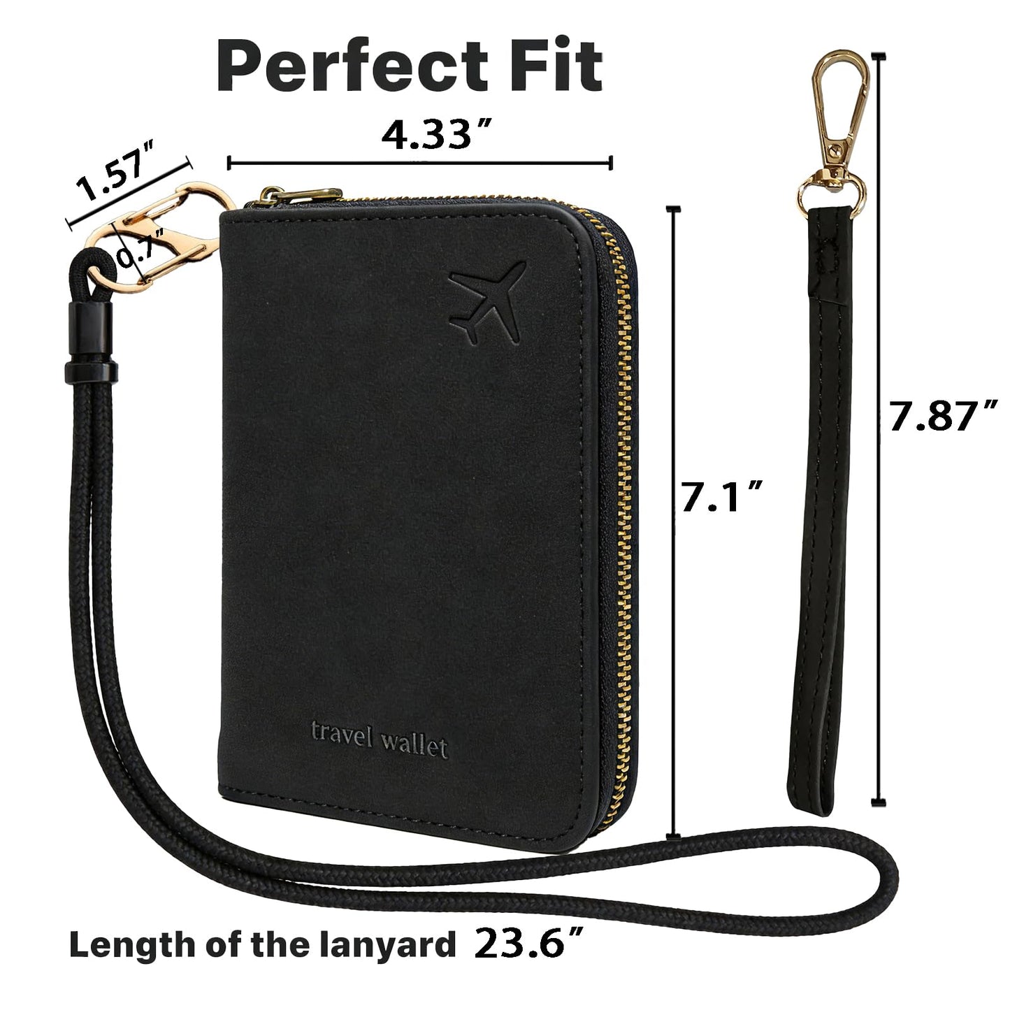 RFID Passport Holder for Travel, Passport Cover Wallet with Detachable Neck Strap & Wrist Lanyard, Passport Case for Women Men (Black)