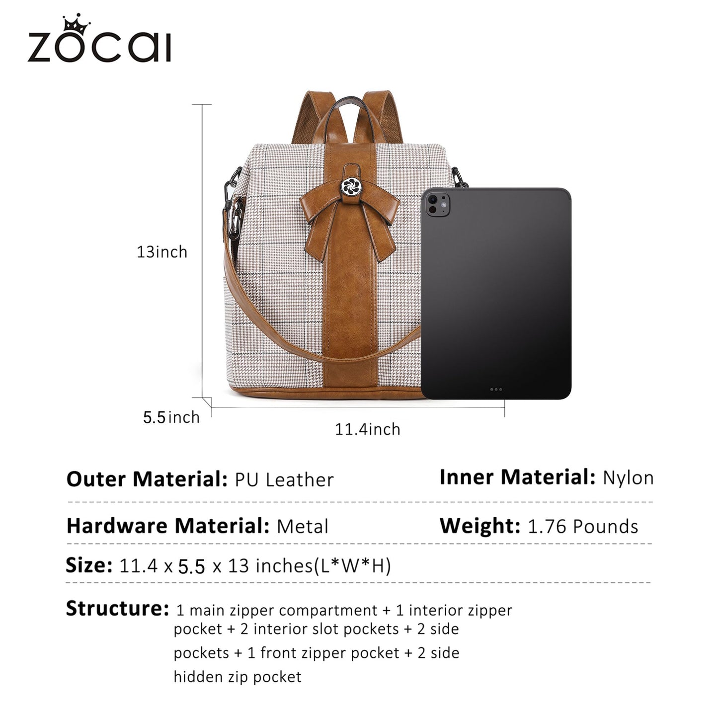 ZOCAI Backpack Purse for Women Fashion Backpack Purses PU Leather Daypacks Anti-Theft Shoulder Bag Satchel Purse(Brown)