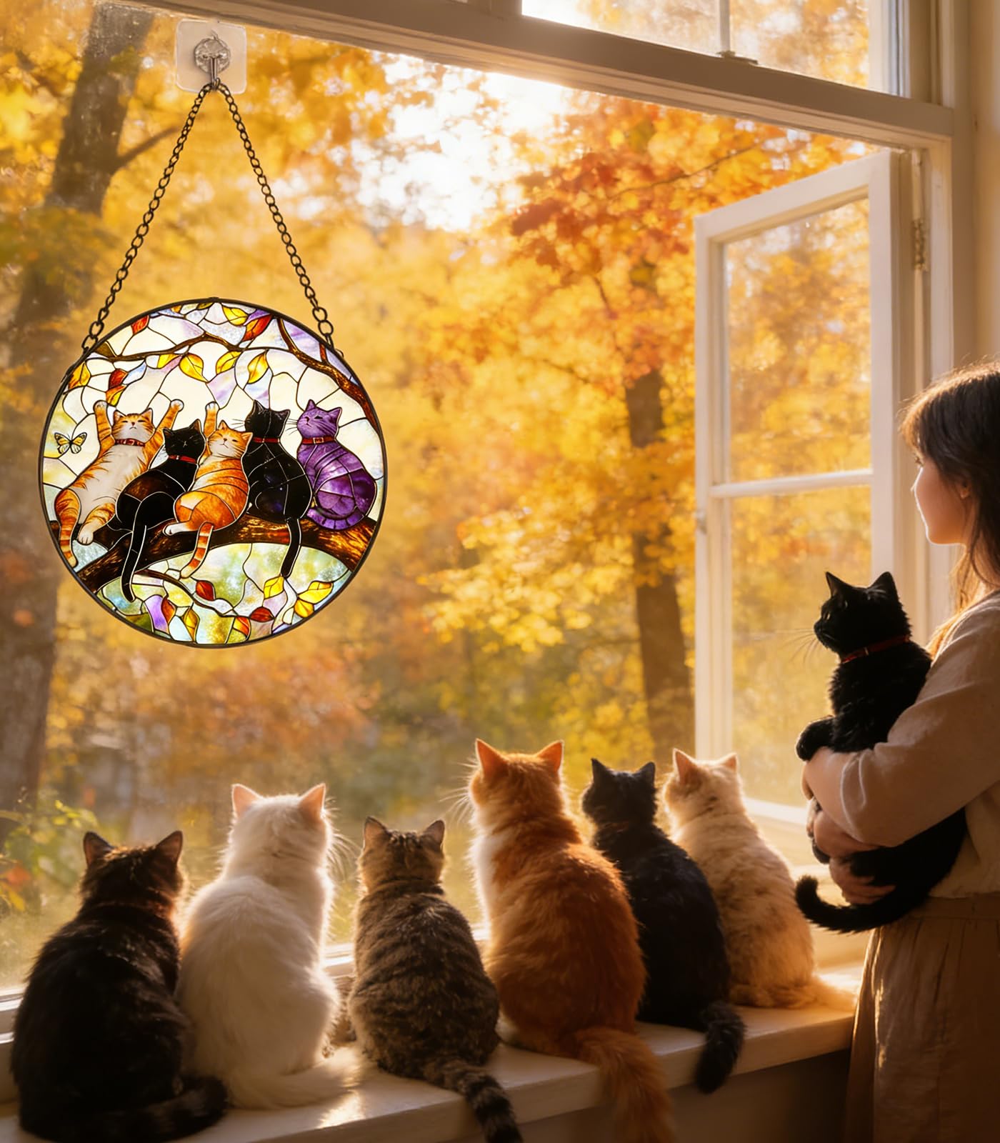 NGOKPYD Cat Stained Glass Window Hanging - 5 Happy Kittens on a Branch Suncatcher for Window Doors Home Decoration and Christmas, Mother's Day Birthday Gifts for Women Men Mom 6.3x6.3 inch