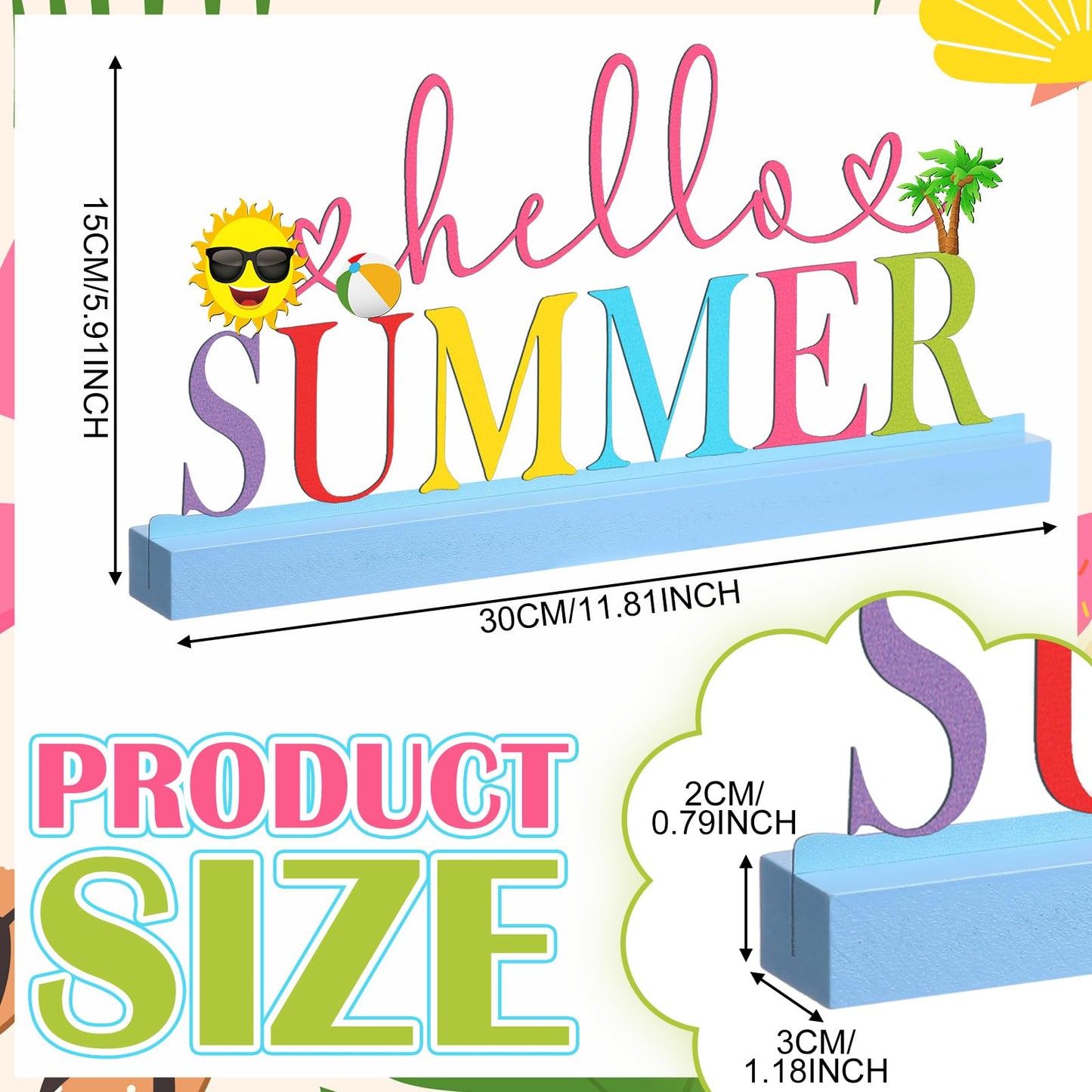 Yaocom 11.81 Inch Summer Table Sign Hello Summer Metal Letter Decor Freestanding Tabletop Decoration with Wooden Base Cutout Word Sign for Home Tiered Tray Centerpiece Mantel Shelf Fireplace