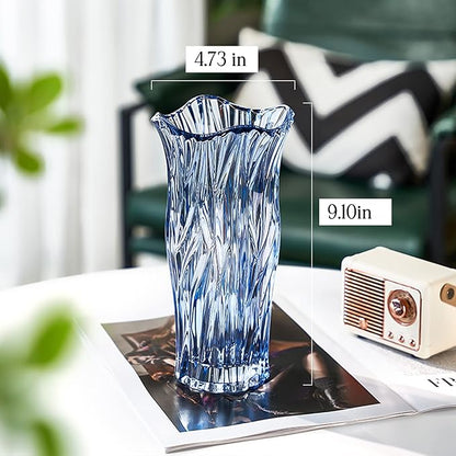 Glass Vase for Flowers, Blue Clear Glass Vases for Centerpieces, Crystal Vase for Home Table Flower Decor 9.1 inches Tall