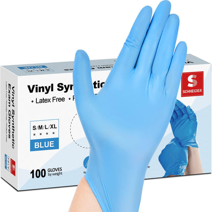 Schneider Blue Vinyl Synthetic Exam Gloves, Medium, Box of 100, 4 Mil, Powder-Free, Latex-Free, Non-Sterile, Disposable Gloves