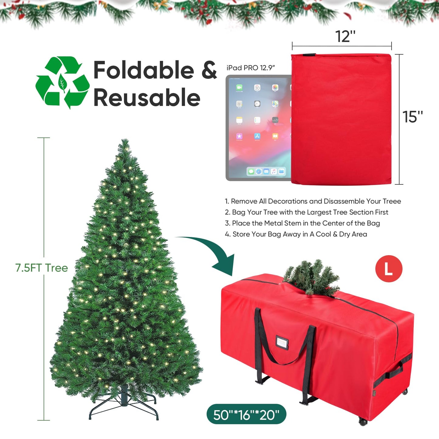 BALEINE 7.5 ft Rolling Christmas Tree Storage Bag, 2 Swivel Wheels for Easy Moving, Heavy Duty 600D Oxford Fabric Extra Large Artificial Christmas Tree Bag with Reinforced Carry Handles (Green)
