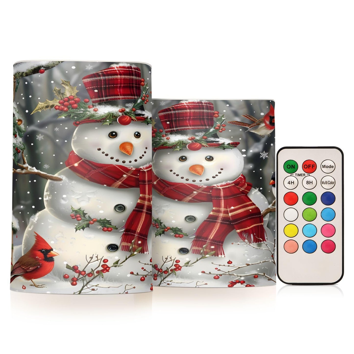 ALAZA Christmas Snowman Red Scarf Hat Bird Flickering Flameless Candles Battery Operated with Remote Timer,Tea Light Candles LED Pillar Votive Candles Set of 2 for Outdoor Indoor Decorations