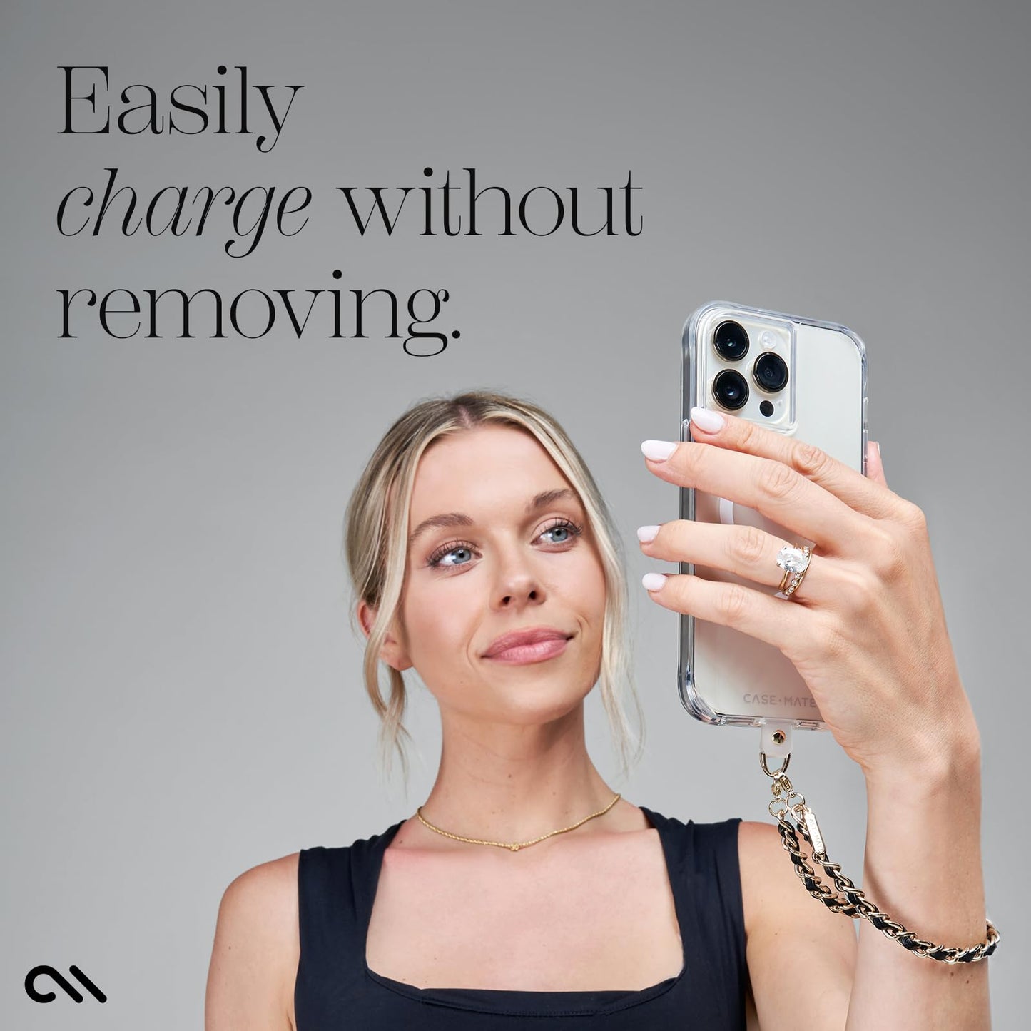 Case-Mate Phone Charm - Detachable Anti Theft Strap - Hands-Free iPhone Wrist Strap for Women - Phone Chain Wristlet - Fits Galaxy, Pixel and More - Gold Chain / Black Leather