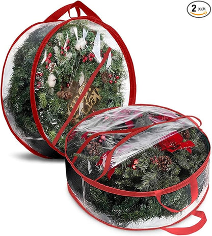 ProPik Christmas Wreath Storage Bag 30" - 2 Pack Clear Christmas Wreath Storage Container - Garland Holiday Artificial Wreath Storage Holder - Water Proof Transparent Clear PVC (30 Inch, Red)