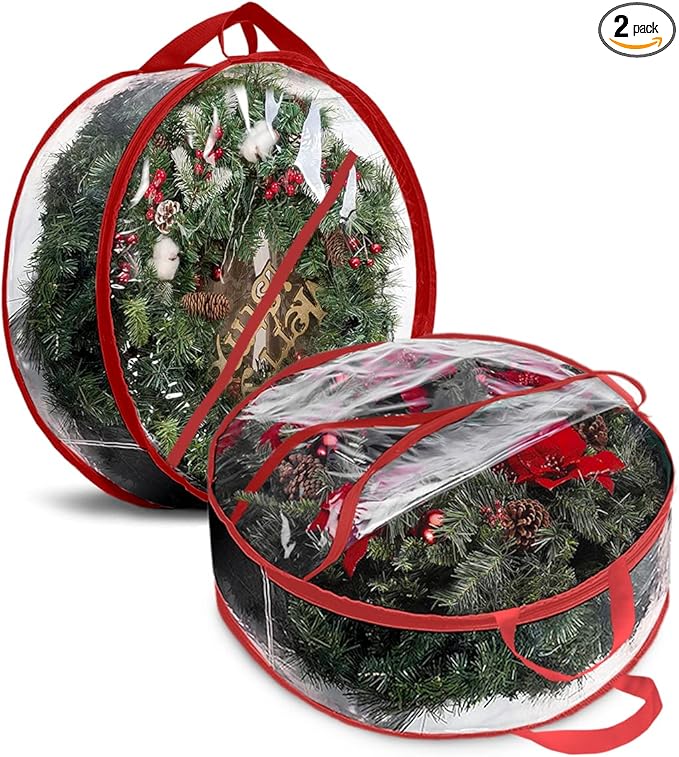 ProPik Christmas Wreath Storage Bag 36" - 2 Pack Clear Christmas Wreath Storage Container - Garland Holiday Artificial Wreath Storage Holder - Water Proof Transparent Clear PVC (36 Inch, Red)