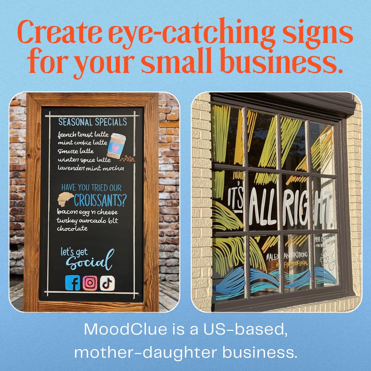 MoodClue Liquid chalk markers 12 neon erasable Whiteboards, glass boards, chalkboards, windows, mirrors, car windshields, auto, glass. Odorless, non-toxic. Wet or dry erase. Thick and thin tip