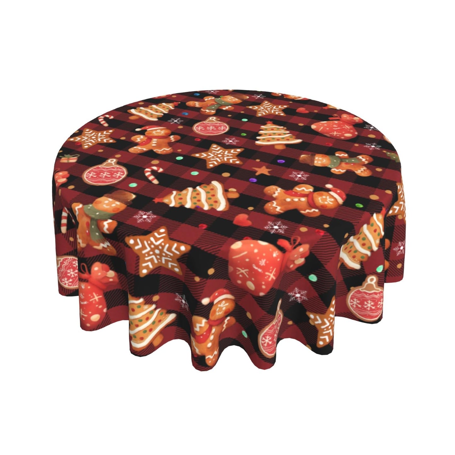 Giwawa Gingerbread Man Round Tablecloth for Kitchen Dining, 60Inch Christmas Cookies Balls Buffalo Plaids Table Cover, Winter Snowflakes Xmas Trees Table Cloth Washable for Holiday Party Decor