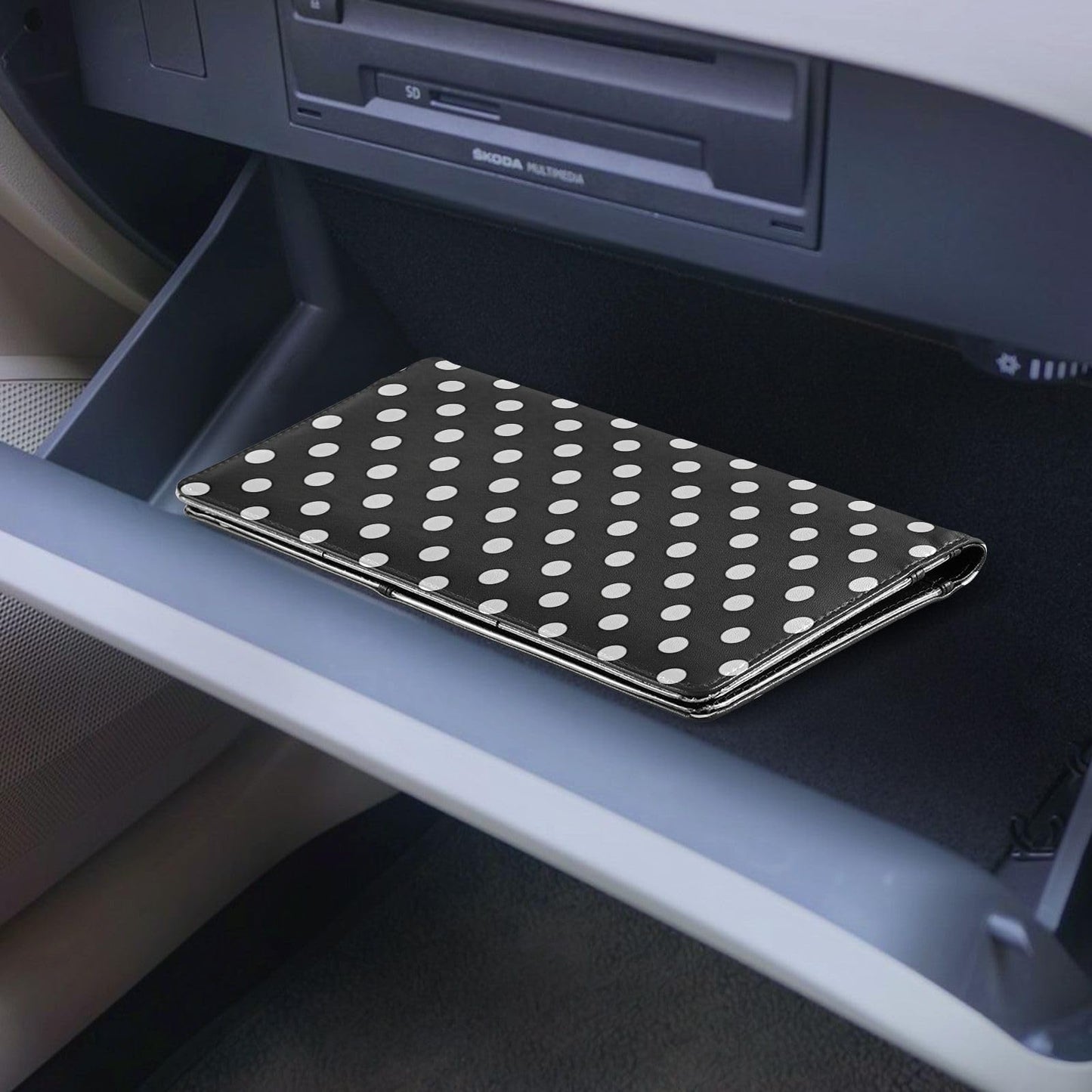 JUZIHAI Black and White Polka Dot Car Registration and Insurance Holder Glove Box Organizer Leather Vehicle Essential Document Card Wallet Accessories Case