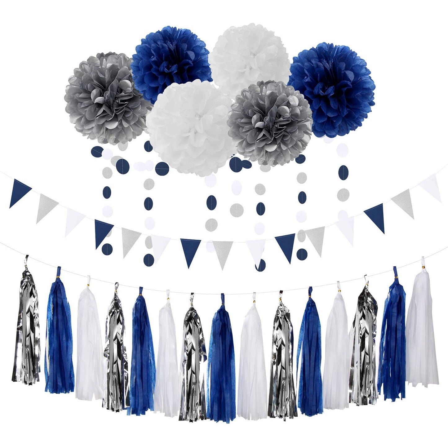 Navy Blue White Silver Party Decorations,23pcs Kit Graduation 2026 Tissue Paper Pom Poms Streamers,Tassel Garland Banner Flowers,Men Birthday Bachelorette Baby Shower Christmas Decor Lasting Surprise