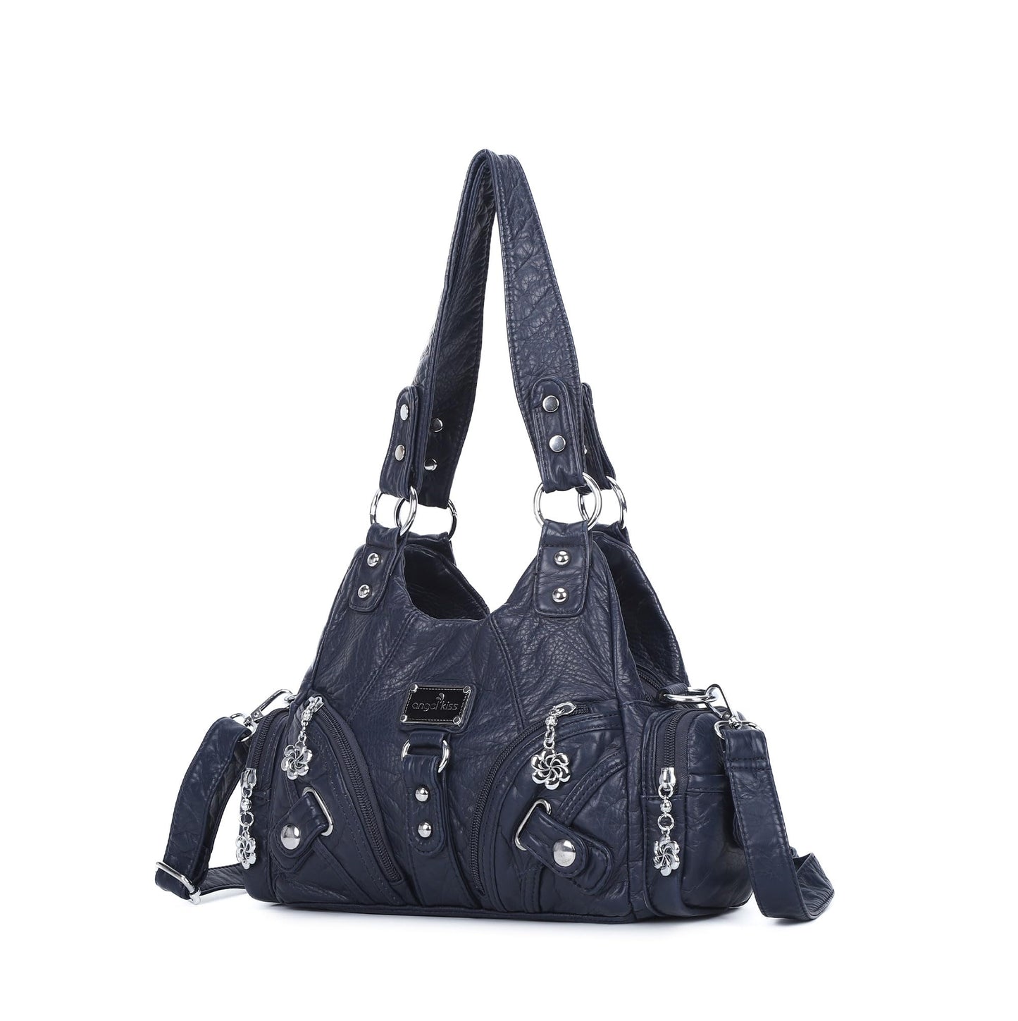 Angel Kiss Purses for Women Small Hobo Shoulder Bags Vagen Leather Multi-Pocket Tote Bag with Zipper (Blue)