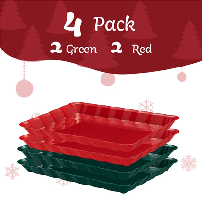 Plasticpro Plastic Serving Trays - Serving Platters Rectangle 9X13 Disposable Party Dish Includes 2 Green & 2 Red Christmas Trays