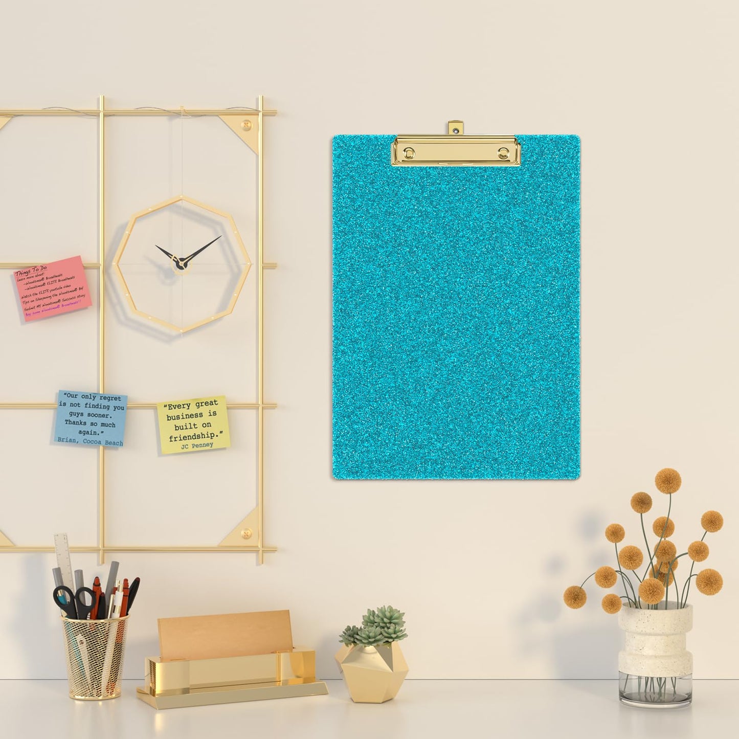 Piasoenc Acrylic Clipboards, Fashion Glitter Clip Board with Low Profile Gold Clip, Designed for Classroom School and Office Use, A4 Letter Size 9 x 12.5 in,Teal