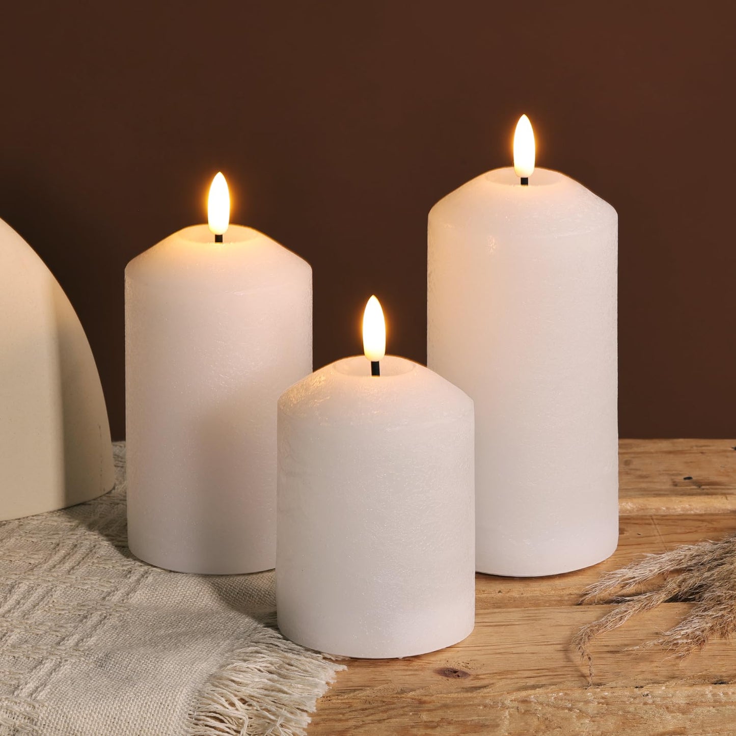 Girimax White Flameless Pillar Candles with Remote, Real Wax LED Candles Battery Powered Flickering Set of 3