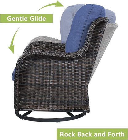 Rilyson Wicker Patio Furniture Set - 5 Piece Rattan Outdoor Sectional Conversation Sets with 2 Rocking Swivel Chairs,2 Ottomans and 1 Sofa for Porch Deck Garden(Brown/Blue)