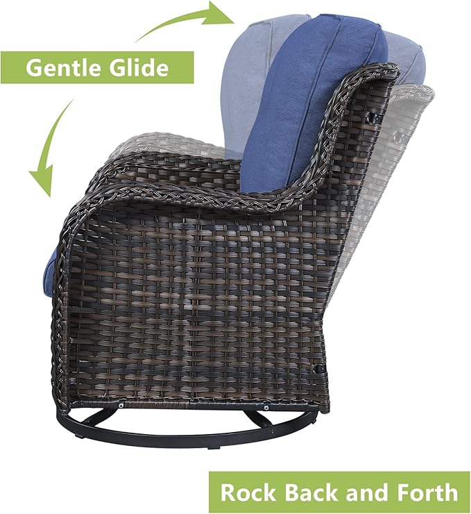 Rilyson Wicker Rocking Chair Swivel Chairs - 2 Piece Rocker Patio Chairs Set Rattan Rocking Chair for Outdoor Porch Deck Garden Backyard (Brown/Blue)