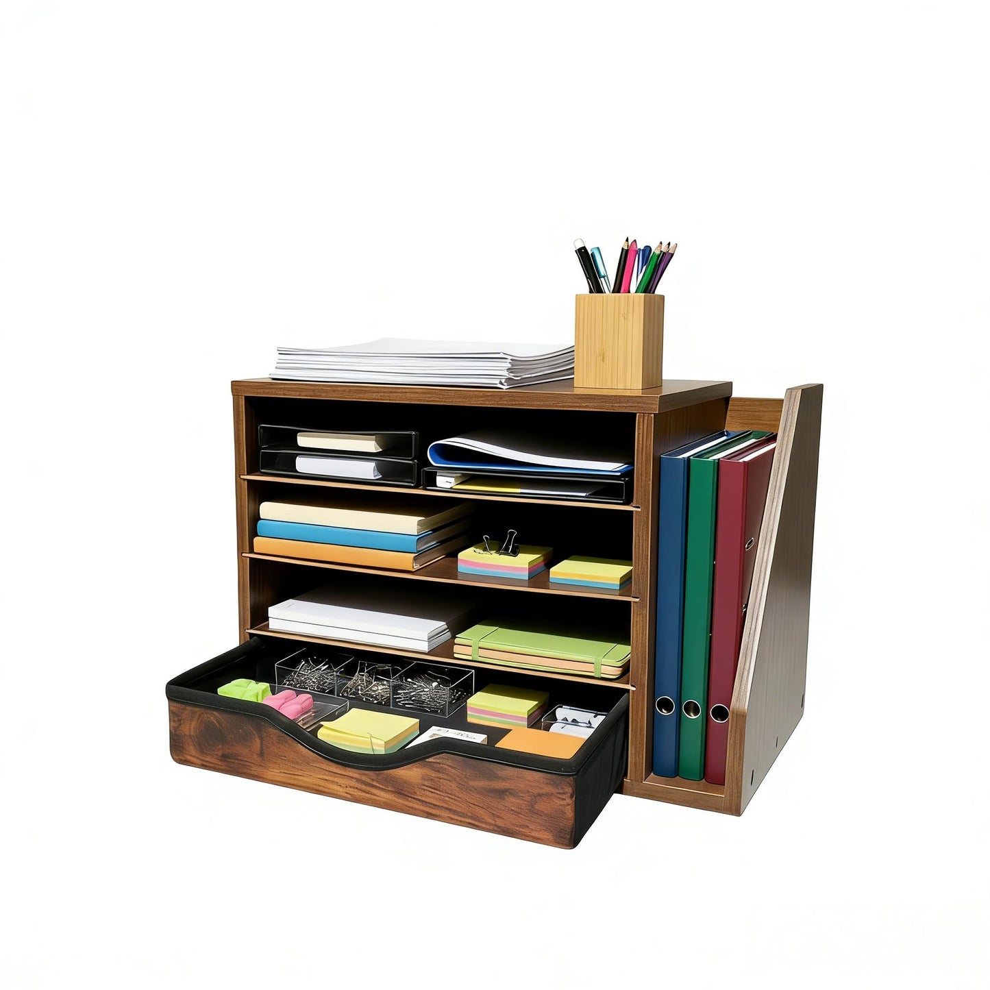 Gphudpzdl Wooden Desk Organizer with Drawers, Wood Desk Organizers and Accessories, 4 Tier Desk Organizer with Adjustable Shelves, Paper File Mail Organizer for Home Office, Brown
