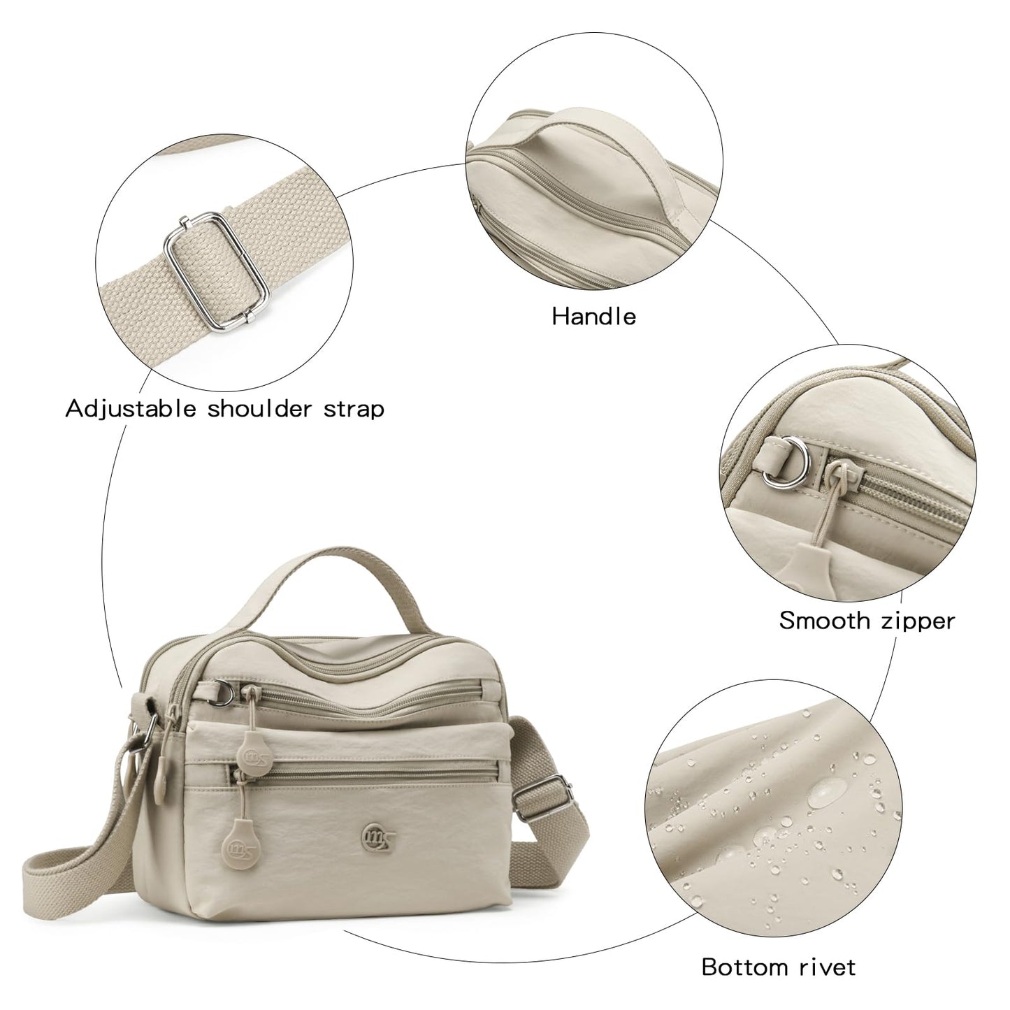 Eslcorrri Women Crossbody Bag Small Nylon Shoulder Purse Casual Neutral Light Multi Zipper Pockets Top-Handle Hobo Handbag -Sand