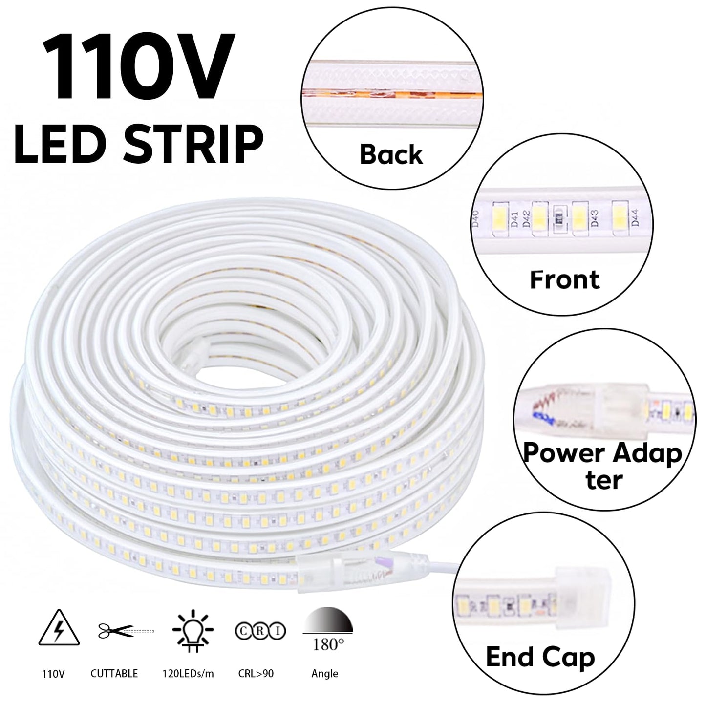 pcningled White LED Strip Lights 6.56ft AC 120V Rope Lights 110V Flexible LED Light Strip Waterproof 4000K Bright White SMD 5730 120LEDs/m for Bedroom Mirror Kitchen Cabinet Lighting