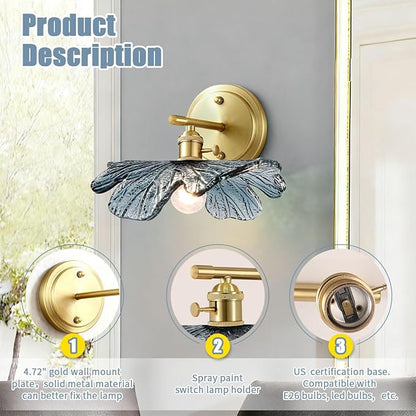 Vintage Bathroom lighting fixtures Gold Bathroom Vanity Light Hand Blown 1-Light Modern Wall Sconce Indoor Wall Light with Blue Glass Shade Mid Century Wall Lighting for Bedroom Hallway Living Room