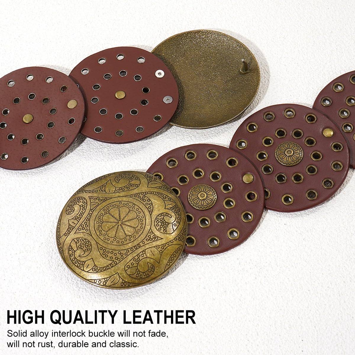 HIQUACC Wide Disc Belt for Women Vintage Leather Hollow Out Round Belt Western Waist Belt (Copper Brown S)