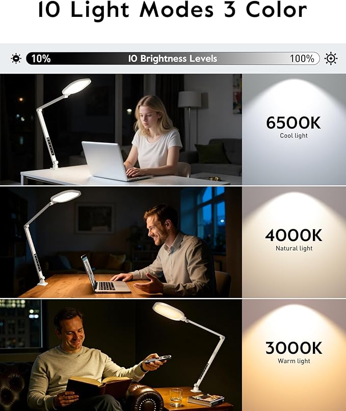 Led Desk Lamp with Clamp, 1200LM Dimmable Home Office Desktop Light, 3000k-6500k Adjustable Swing Arm Ring Light for Video Conference, Study, Reading, Zoom Calls, Streaming (White)