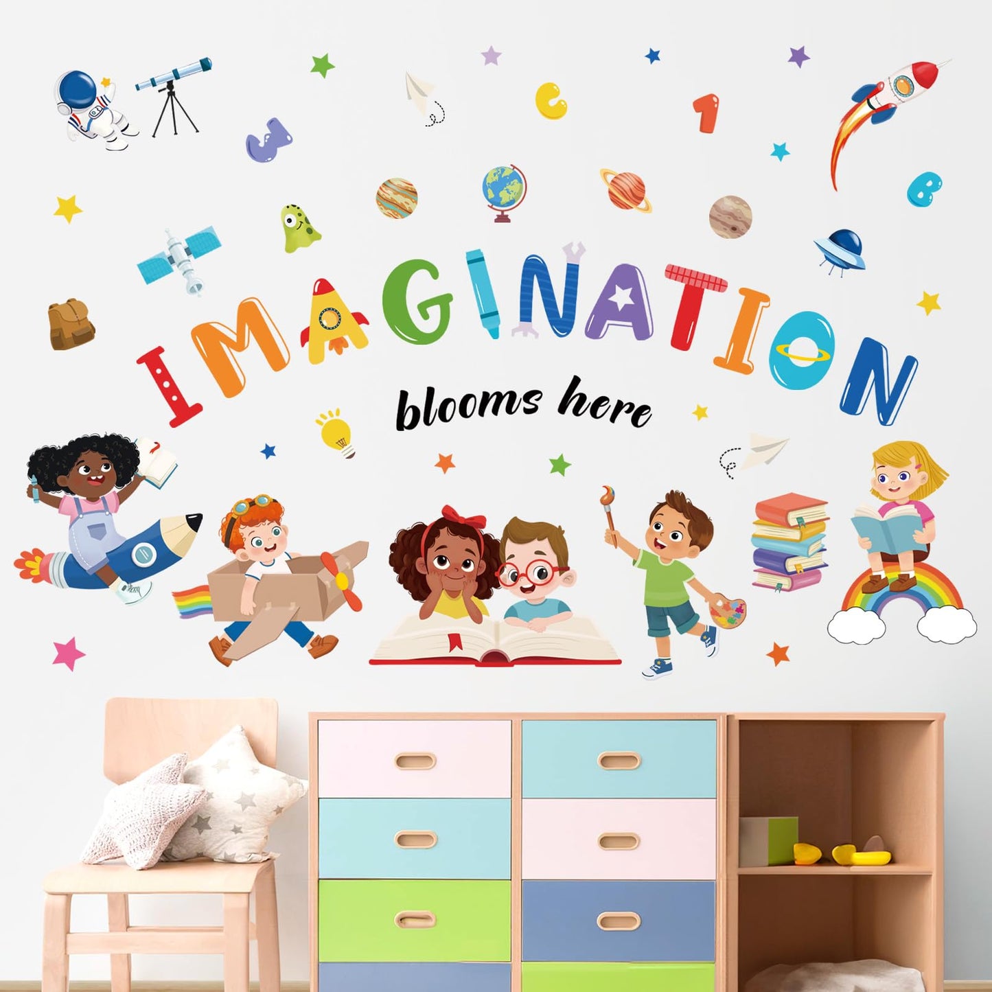 wondever Kids Inspirational Quotes Wall Decals Imagination Blooms Here Reading Corner Education Peel and Stick Wall Art Stickers for School Classroom Kids Room