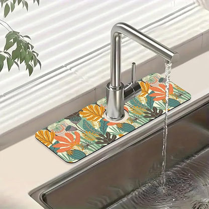 Abstract Leaves Sink Faucet Absorbing Mat Boho Leaves Super Absorbent Fast