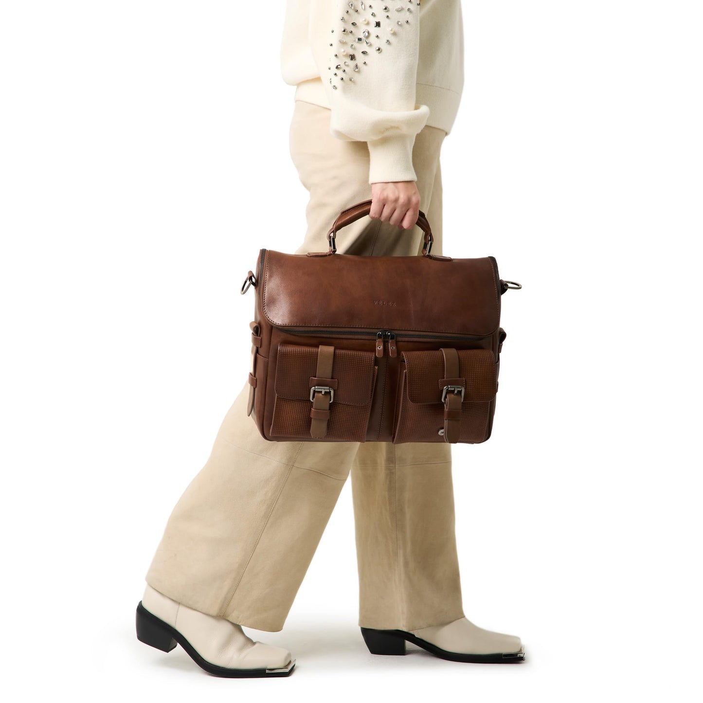 VELEZ Tan Full Grain Leather Messenger Bag for Men - 15" Laptop Briefcase - Mens Vintage Business Crossbody Computer Bags