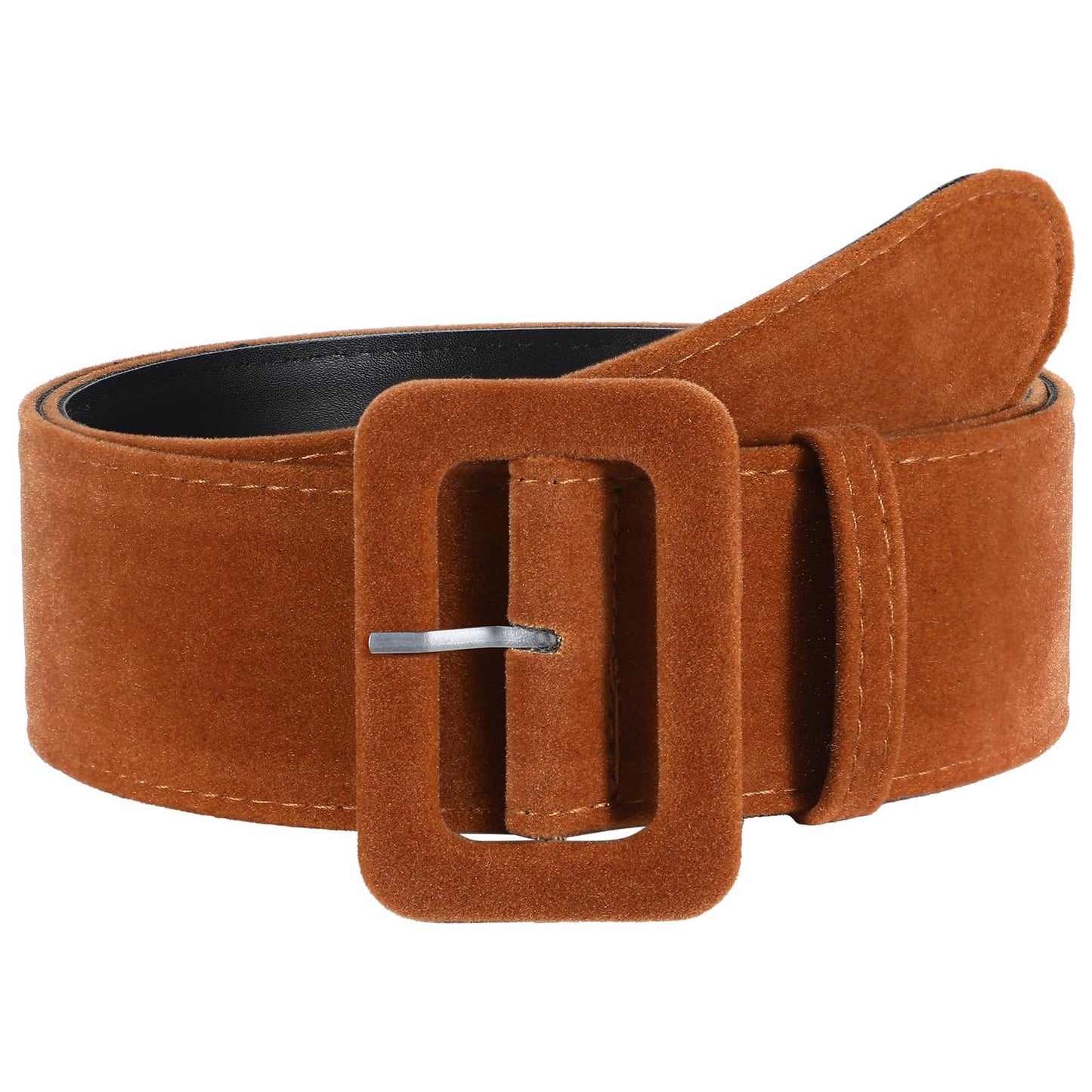 VONMELLI Women Wide Velvet Belt for Dresses Brown Thick Chunky Waist Belt with Vintage Square Buckle, S