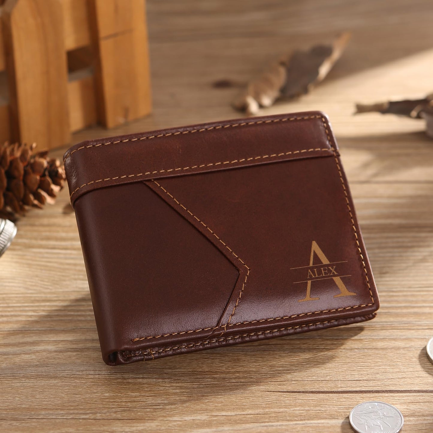 MirthfulMemento Custom Wallets for Men - Personalized RFID Genuine Leather Wallet for Men Engraved Name & initial Wallet, Dad Gifts for Fathers Day (Brown)