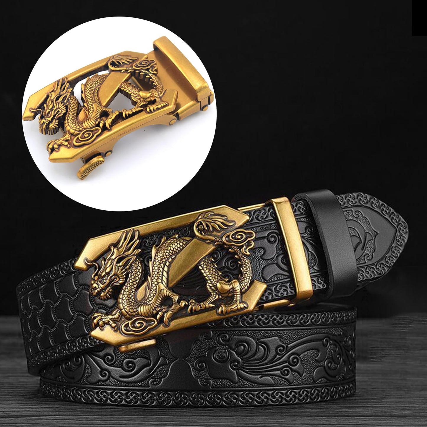 VJK Luxury Men's Belts Engraved Vintage Dragon Head Automatic Buckle Alloy, Leather Men Waist Strap, Slide Easier Adjustable Belt, Cut To Fit, Men Dress Casual Ratchet Belt