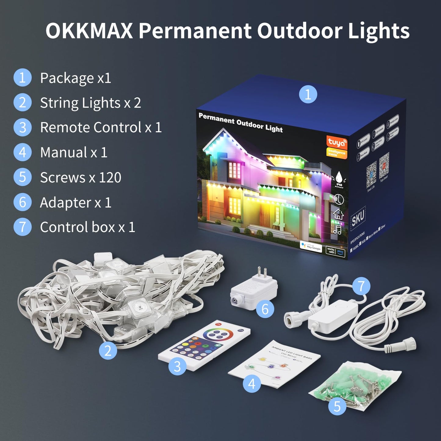 OKKMAX Permanent Outdoor Lights IP68 Waterproof Smart RGB+IC LED Christmas Light with 75 Scene Modes, Holiday Lights for Christmas Halloween, Work with Wi-Fi, Alexa & Google Assistant (100ft)