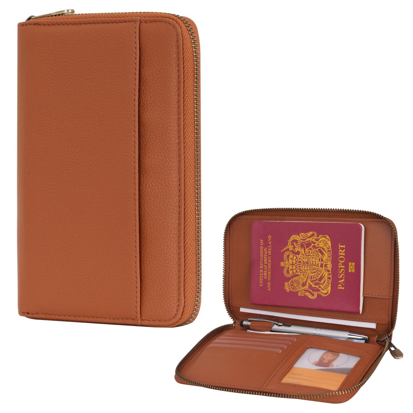 WASON Leather Zipper Travel Passport Wallet Holder RFID Blocking Cover, Passport case Pocket Slot for Card, Cash, ID, Boarding Pass and Ticket for Men, Women and Family Trips (Brown)