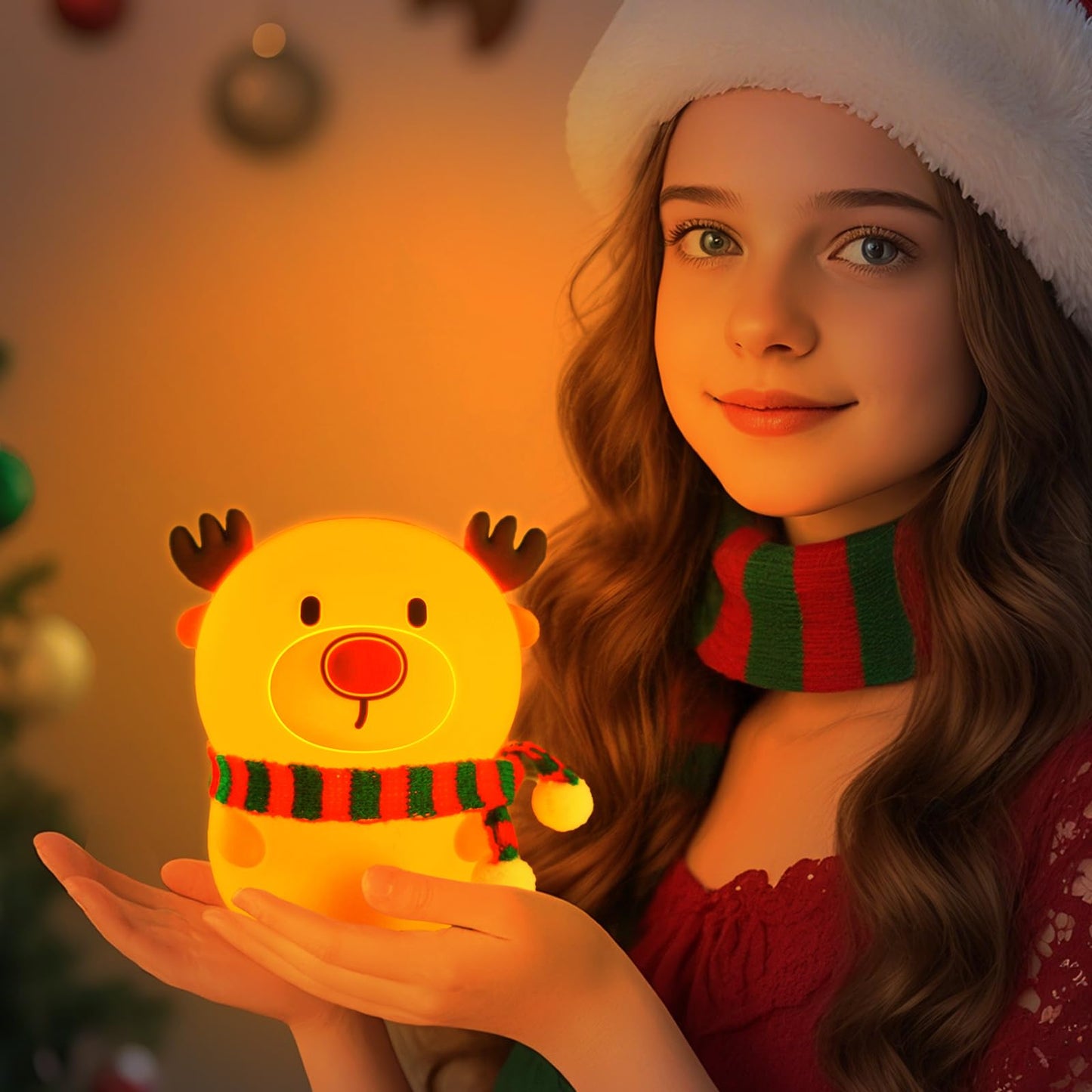 Colorful Life Silicone Reindeer Night Light – Tap Control Cute LED Bedside Lamp for Kids, Baby, Adults – Soft Glow, Rechargeable, Nursery/Bedroom(Cute Reindeer, Light up When patted)