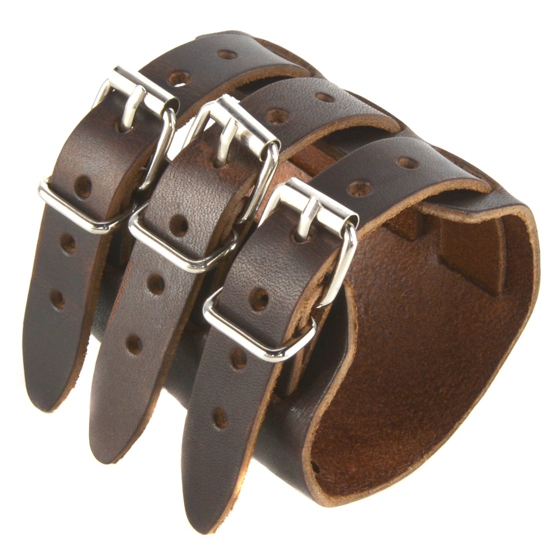 HZMAN Dark Brown Leather Wide Triple Strap Cuff Wrap Gauntlet Wristband Buckle Fastening Arm Armor Cuff (Brown)
