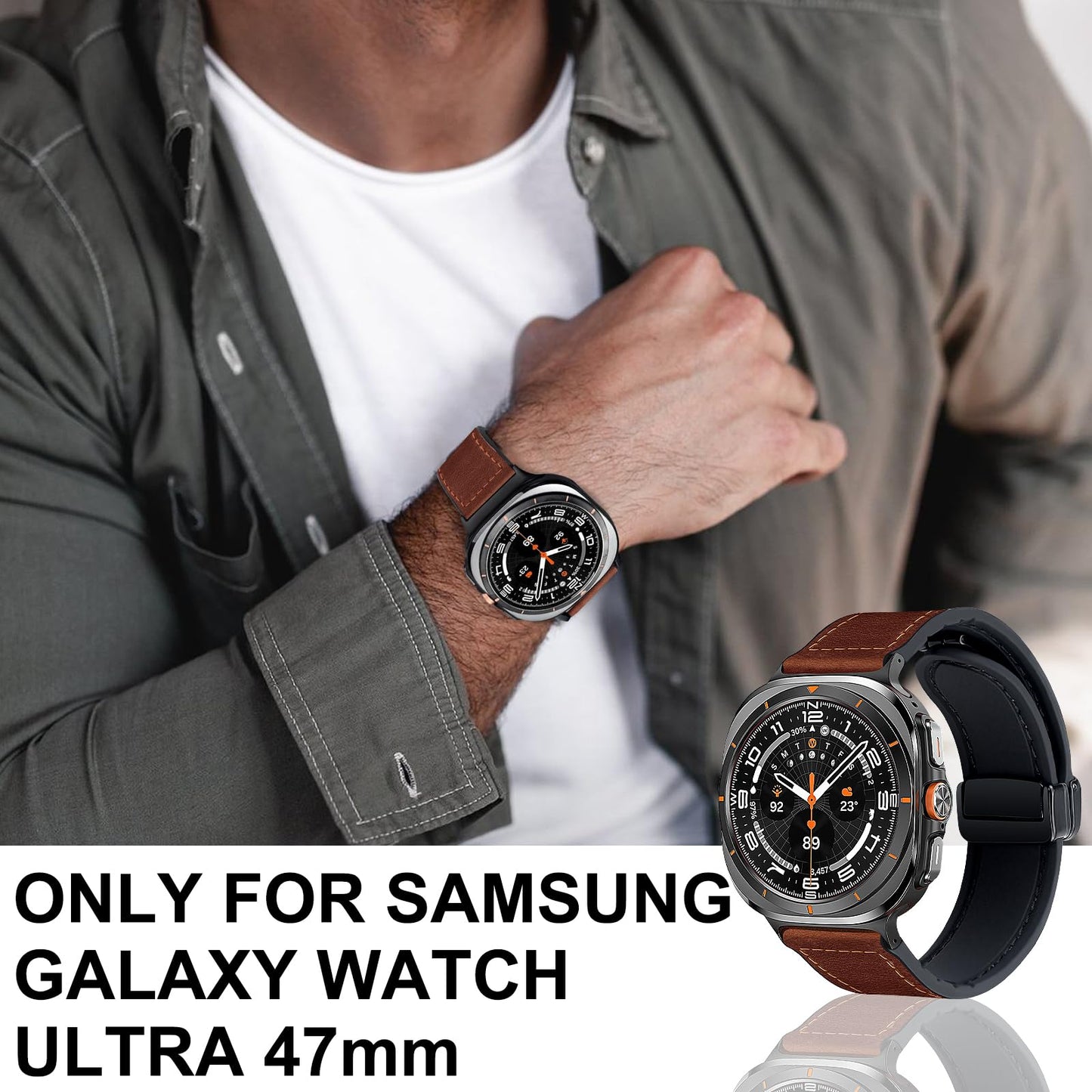 WestEagle Magnetic Leather Watch Band Compatible with Samsung Galaxy Watch Ultra 47mm (2025/2024) Magnetic Buckle Design Adjustable Classic Wristbands Replacement Straps for Men and Women, Dark Brown