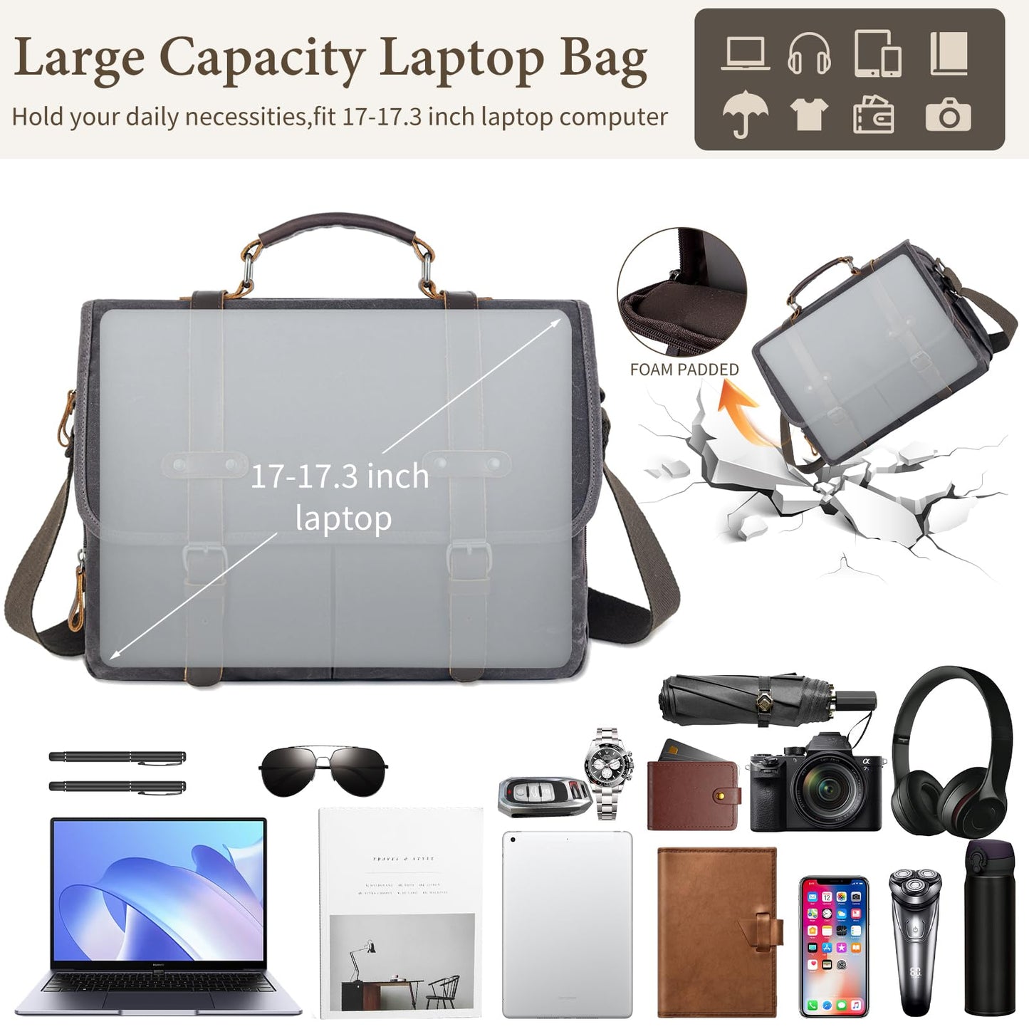 Wogarl 15.6 Inch Messenger Bag for Men Genuine Leather Waxed Canvas Briefcase Large Computer Laptop Bag, Satchel Shoulder Handbags Crossbody Bags for Work (Grey Black)