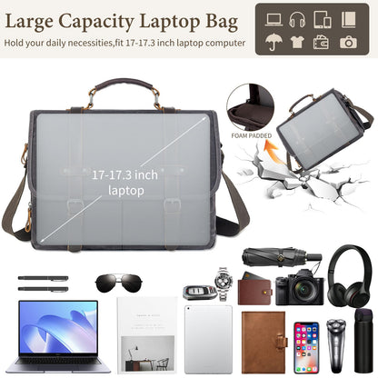 Wogarl 15.6 Inch Messenger Bag for Men Genuine Leather Waxed Canvas Briefcase Large Computer Laptop Bag, Satchel Shoulder Handbags Crossbody Bags for Work (Grey Black)