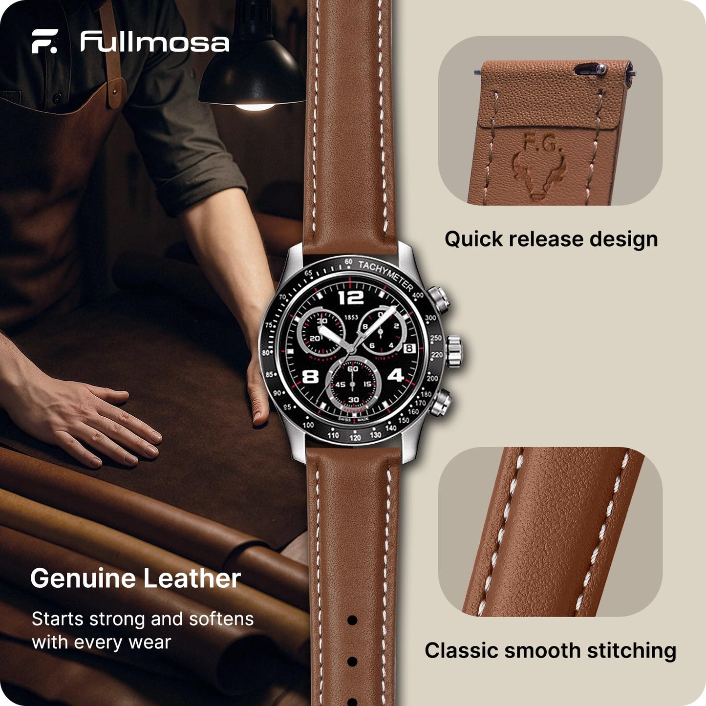 12 Colors for Quick Release Leather Watch Band, Fullmosa Axus Genuine Leather Watch Strap,Brown,22mm