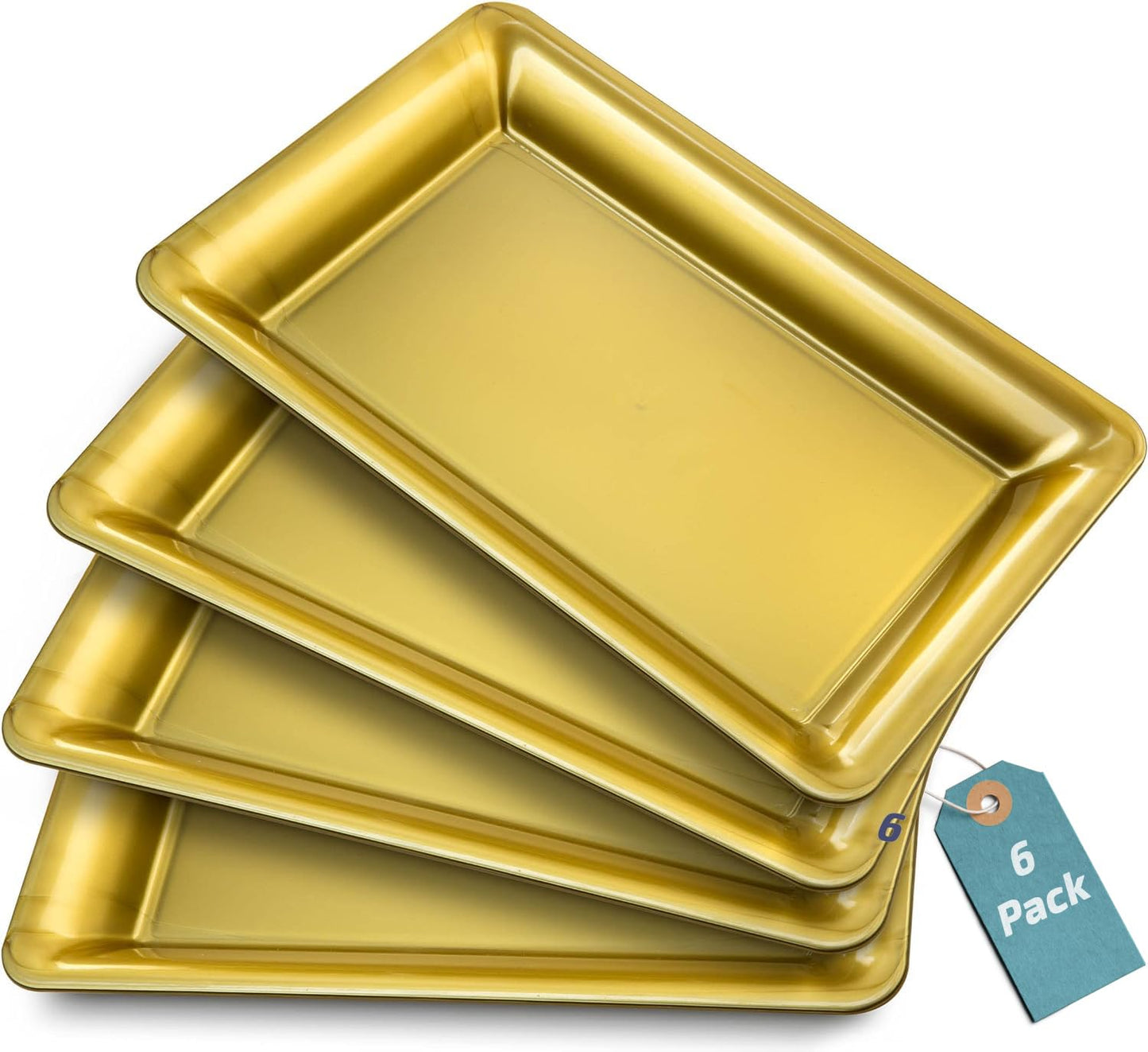 Yumchikel Plastic Serving Tray Set, Hard Plastic Serving Platters for Serving Food, Gold Serving Trays for Parties, Weddings, Food Trays for Party Buffet, Dessert Tables, 10" x 14", 6 Pack