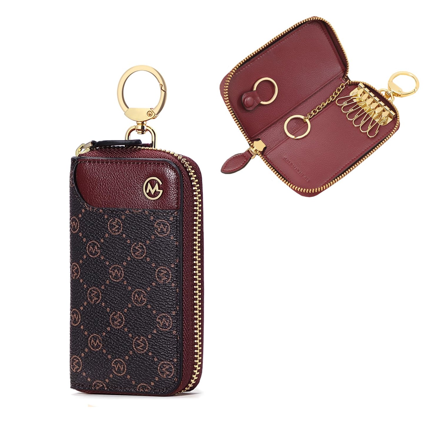 GOLF SUPAGS Women PVC Leather Car Key Chain Card Holder Wallet Pouch Card Slot 6 Hook 1 Fixed Key Ring 1 Detachable Key Ring (Brown×Wine)