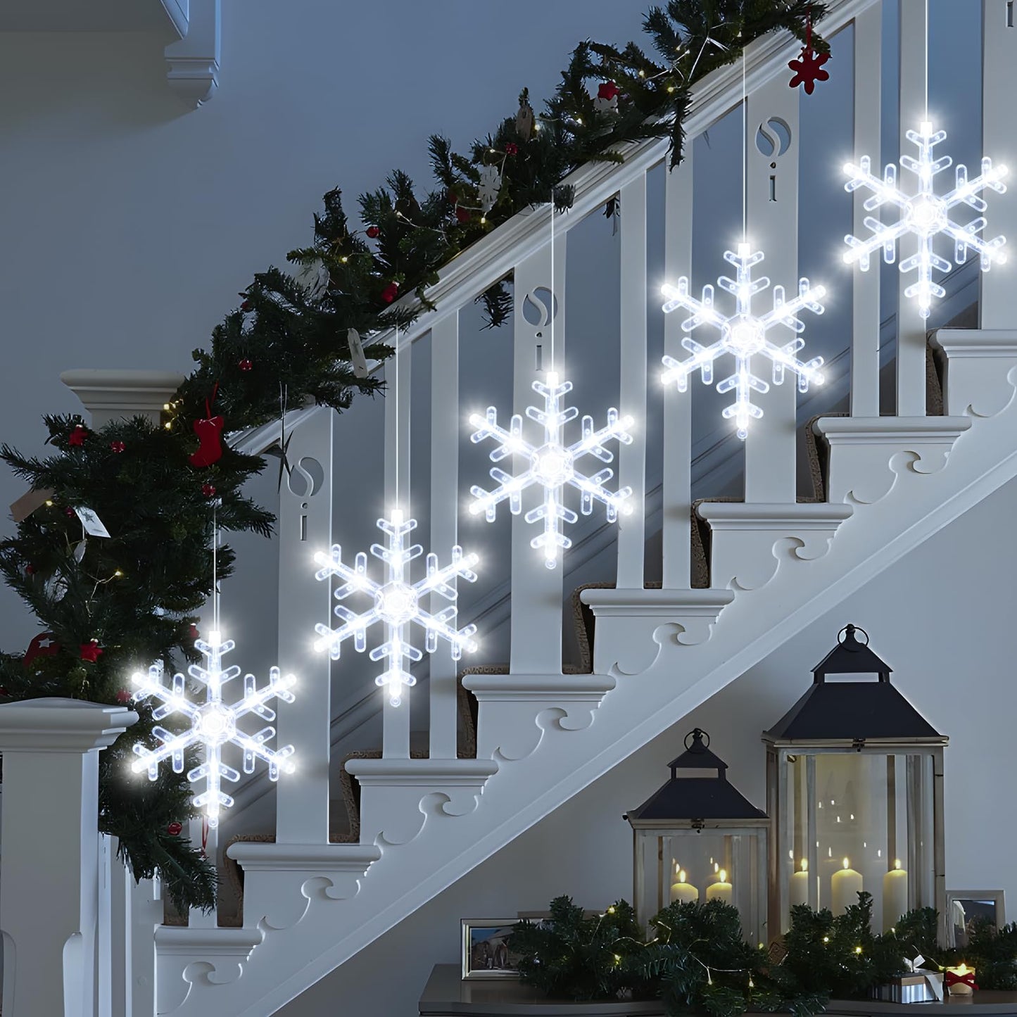 LYUBASA 5Pack Christmas Window Lights Decorations with Timer,Battery Powered Christmas Hanging White Lighted Snowflake Shaped LED Sucker for Xmas Tree Fireplace Indoor Decor
