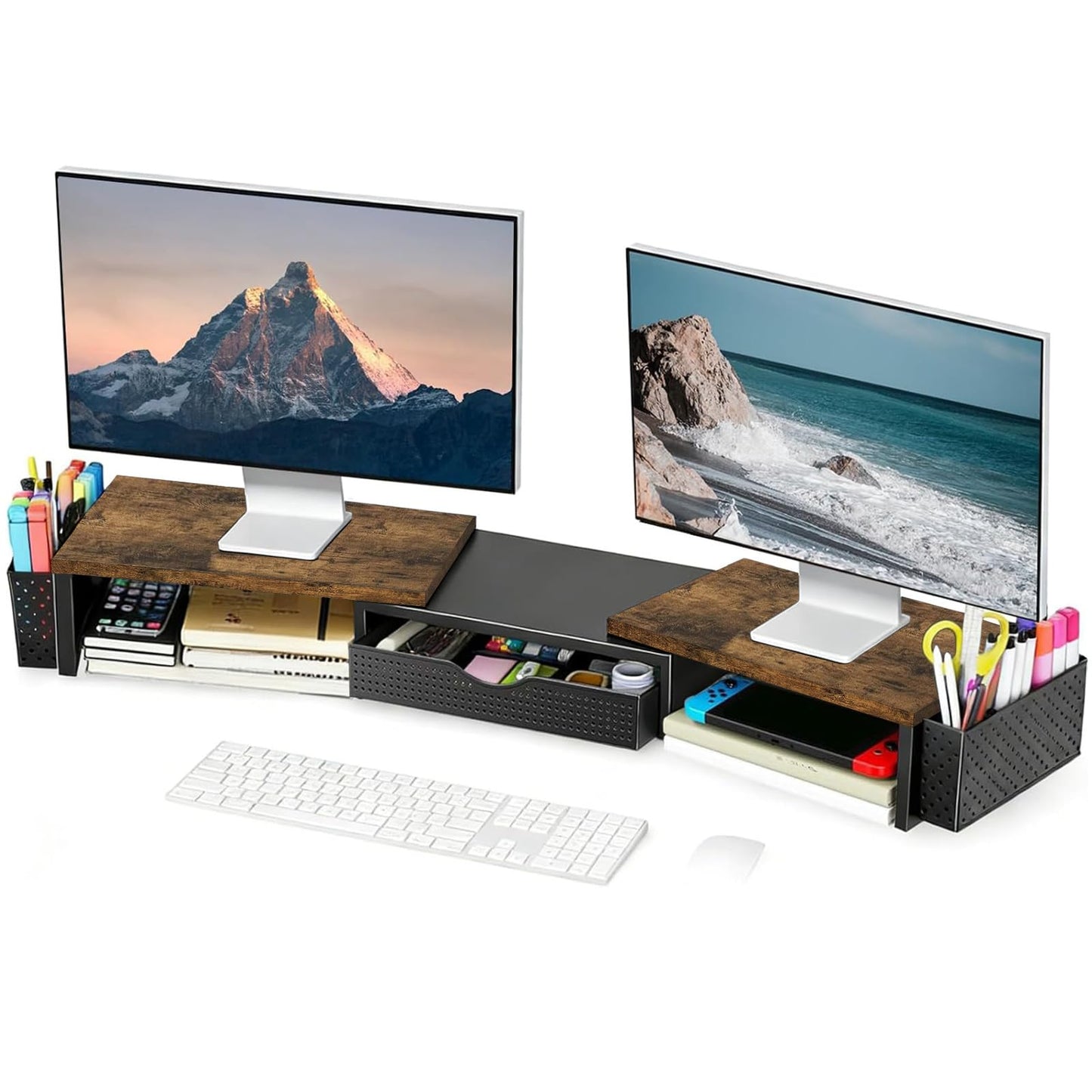 Spacrea Metal Desk Organizers and Accessories, Dual Monitor Stand Riser with Drawer and 2 Pen Holders, Desk Accessories & Workspace Desktop Organizers for Office Supplies (Wood)