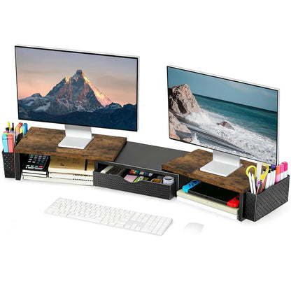 Spacrea Metal Desk Organizers and Accessories, Dual Monitor Stand Riser with Drawer and 2 Pen Holders, Desk Accessories & Workspace Desktop Organizers for Office Supplies (Wood)