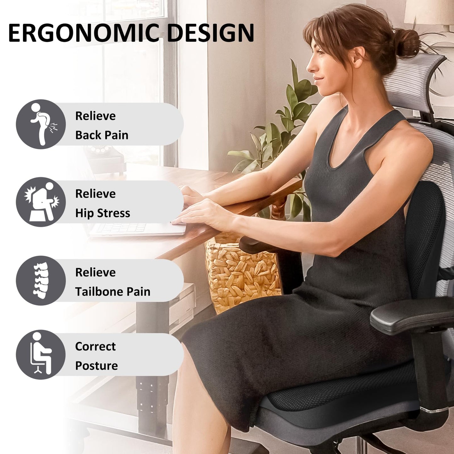 Seat Cushion,Lumbar Support Pillow for Office Chair,Memory Foam Coccyx Seat Cushion,Ergonomic Mesh Back Support Pillow,Office Desk Chair Cushion for Sciatica,Back&Tailbone Pain Relief,Black