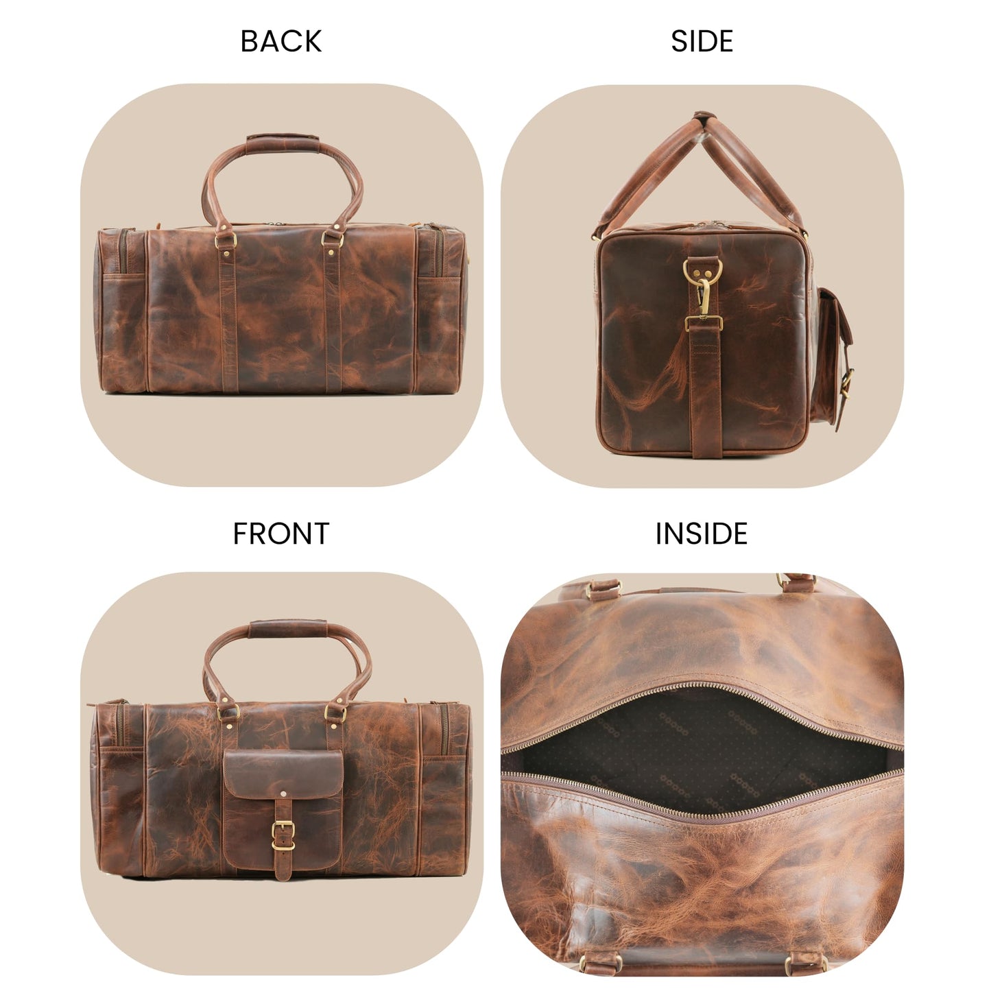 Handmade World Leather Duffle Bag for Men – Full Grain Buffalo Leather Weekender Travel Bag, Large Carry On Overnight Gym Bag, Handmade Rustic Brown Leather Luggage 24 Inch (Crunch Leather)