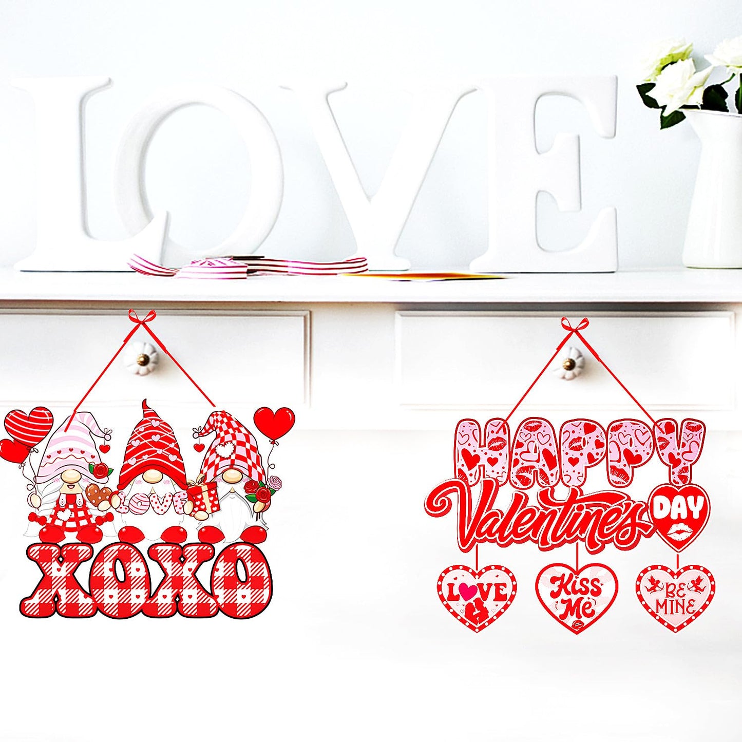 Pink-Red Valentines-Day Front-Porch Door Hanger-Decor - 6pcs Love Romantic Special Night Galentines Party Paper Signs Banners,Engagement Wedding Anniversary Wall Hanging Decorations Lasting Surprise